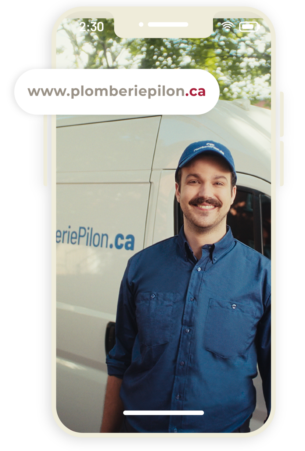 Le domaine .CA d'un plombier local est affiché sur un écran de téléphone mobile.