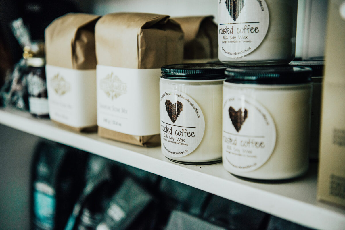 A shelf of products from Neighbourhood Coffee’s local business partnerships in the GTA.