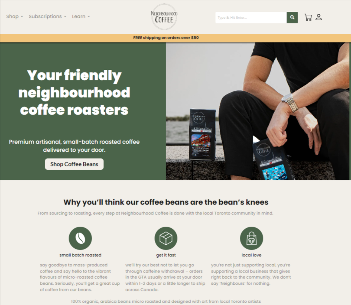 A screengrab of Neighbourhood Coffee’s website, proudly showing off their local presence with a .CA domain.