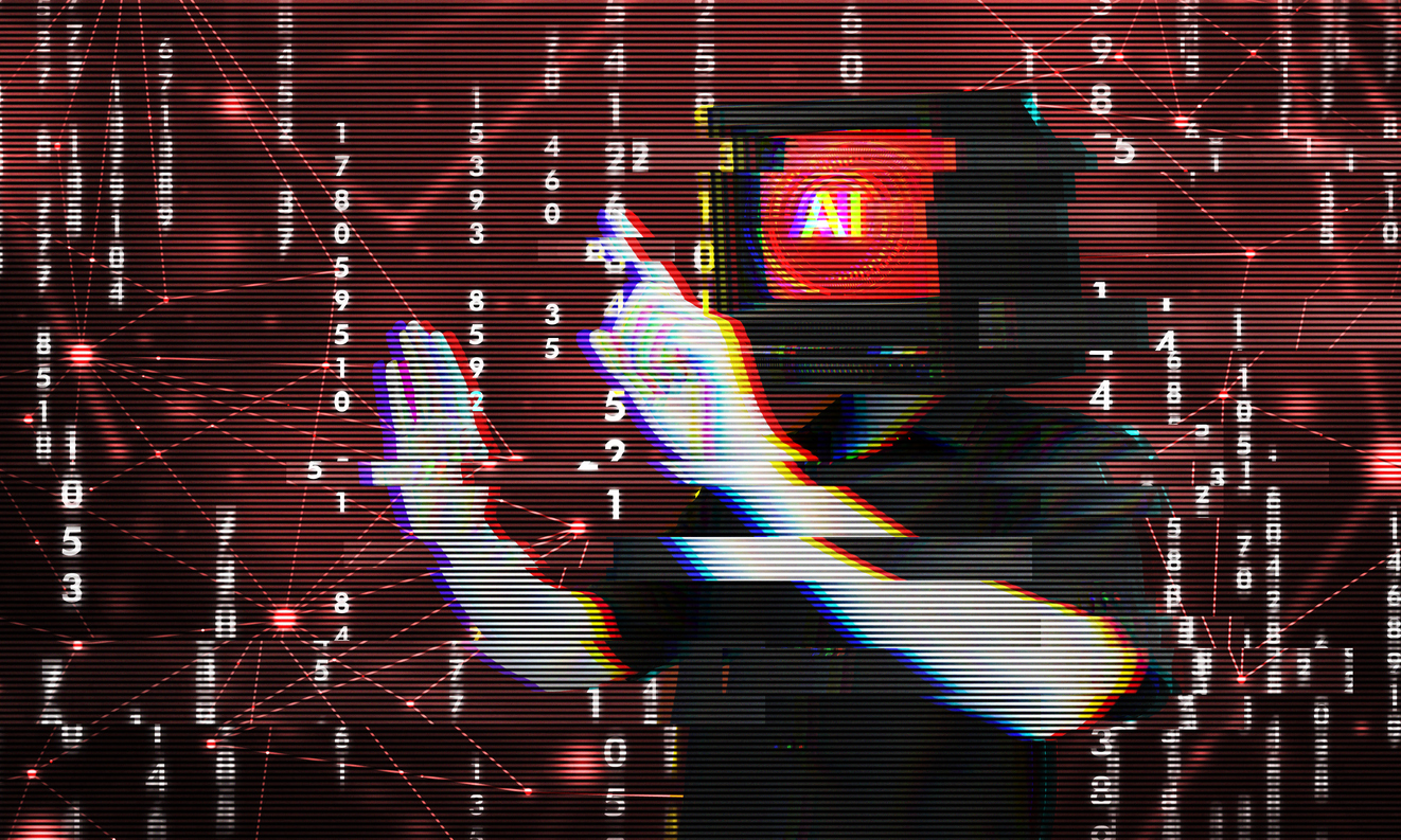 Glitching corrupted ai system hacked on red matrix background
